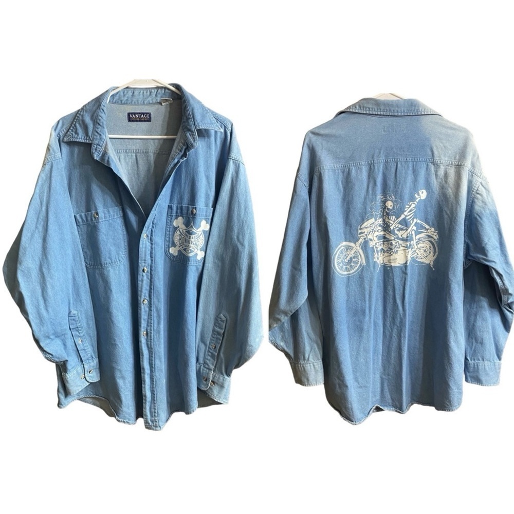 VTG Vantage Custom Classics Denim Bonercycles Moto Button Down Shirt Size XL